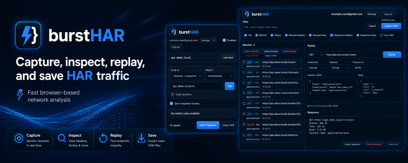 burstHAR Chrome HTTP request capture and HAR export preview