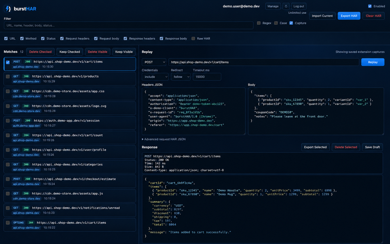 burstHAR HTTP captures and request replay workspace