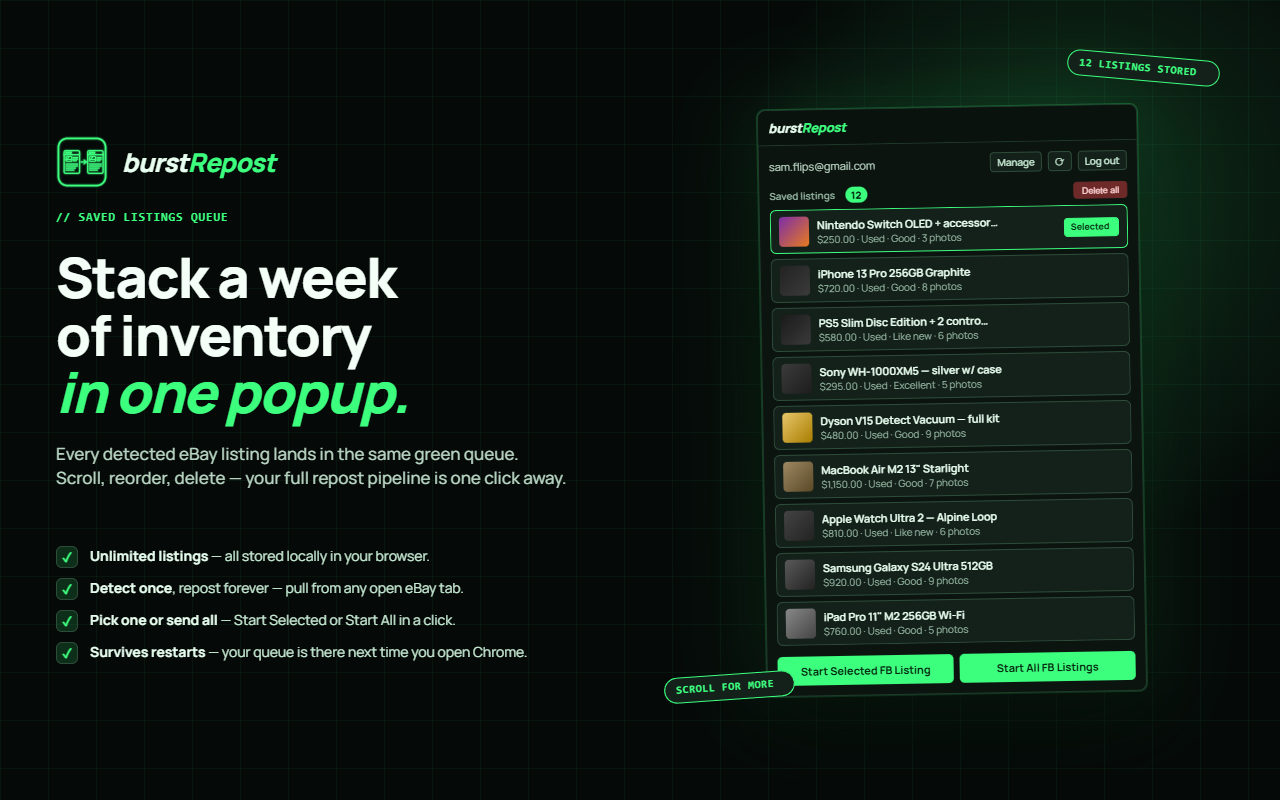 burstRepost saved listings queue